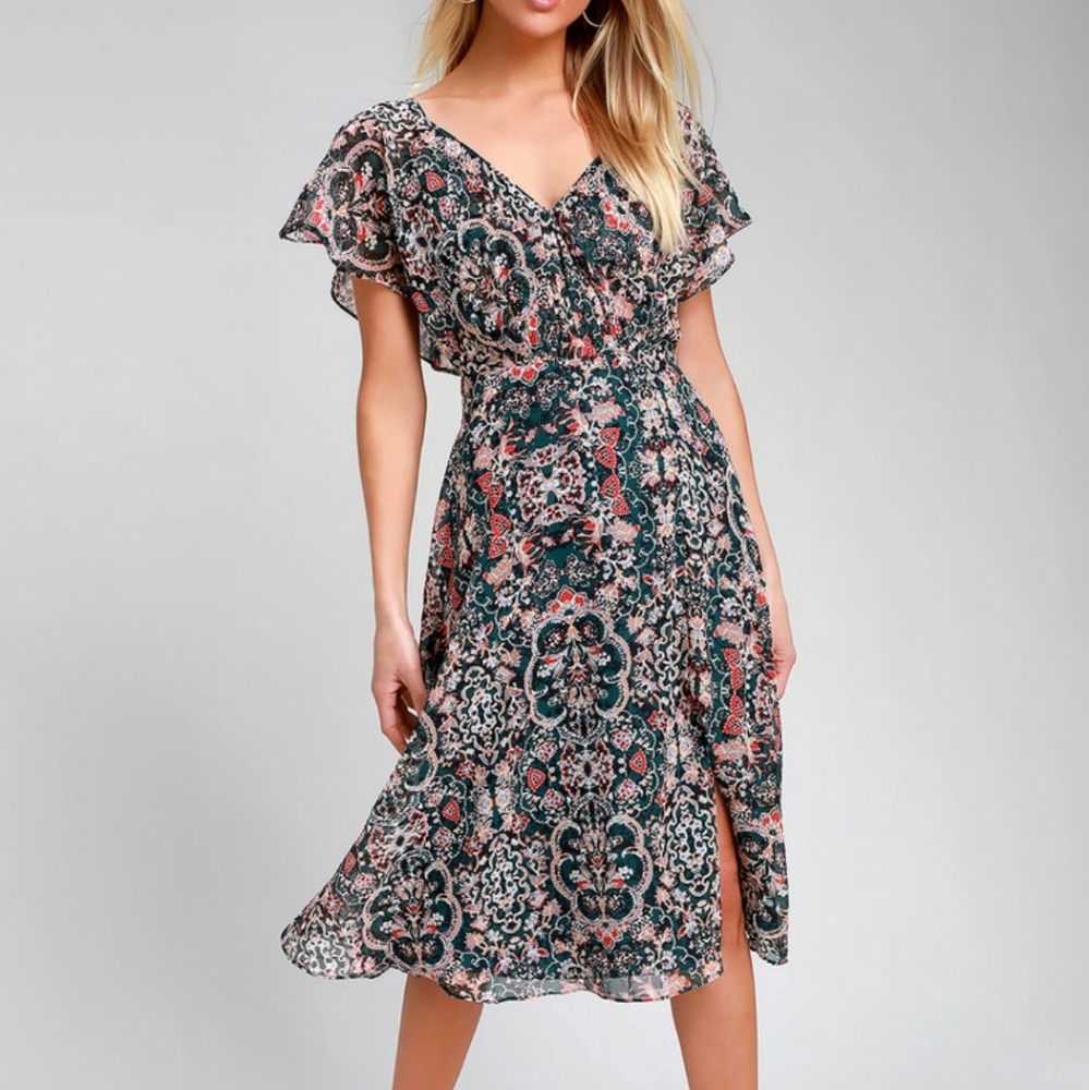 Lulus Charmed I'm Sure Dark Green Floral Midi Dress Size Medium